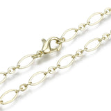 zoomed in sections of light golden oval cable chain necklace with lobster claw clasp on white background. 