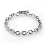 stainless steel cable chain bracelet with a toggle clasp on a white background. 