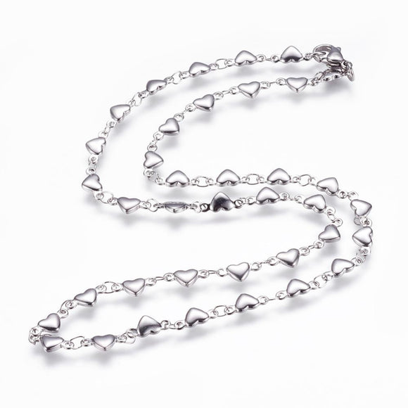 stainless steel flat heart link necklace with lobster claw clasp on white background. 