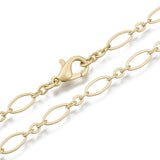 zoomed in sections of matte golden oval cable chain necklace with lobster claw clasp on white background. 