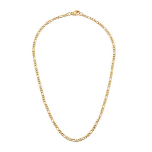 golden Figaro chain with lobster claw clasp on white background. 