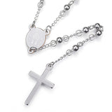 stainless steel beaded Rosary with back of miraculous medal and cross on white background. 