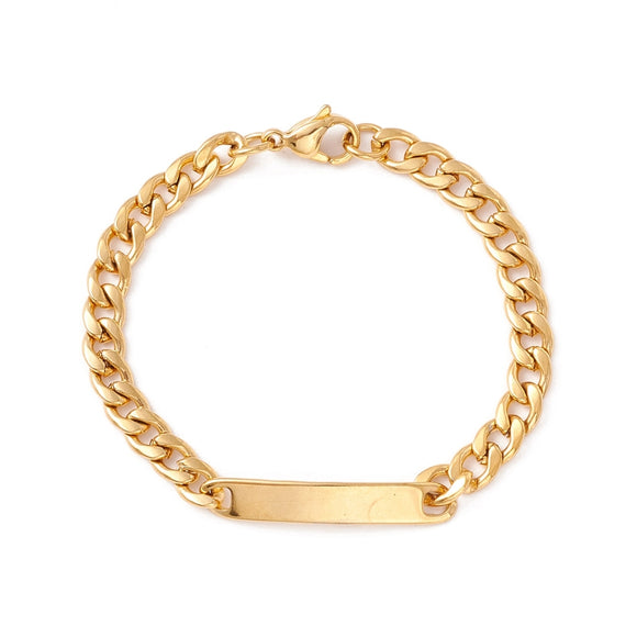 golden curb chain bracelet with rectangular bar plate and lobster claw clasp on white background. 