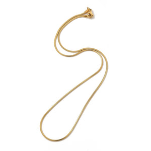 golden square snake chain necklace with lobster claw clasp on white background. 