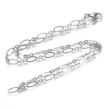 platinum color oval cable chain necklace with lobster claw clasp on white background. 