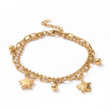 golden double layered, paperclip and ball chain bracelet with lobster claw clasp and extender on white background.  the paperclip chain dangles alternating ball and star charms. 