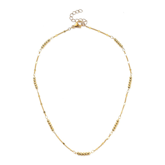 golden 5 round bead bar necklace with lobster claw clasp and extender chain on white background. 