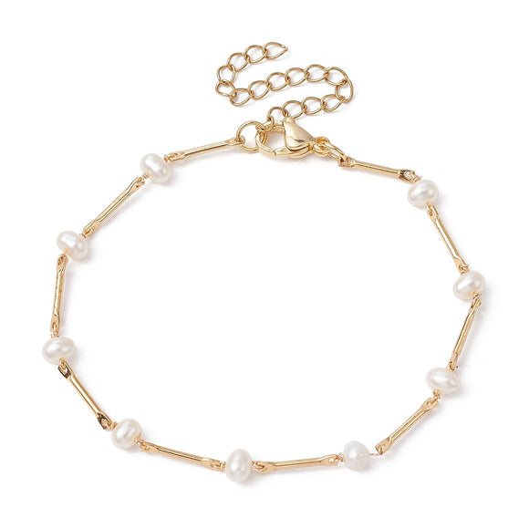 Bar Link Bracelet with Freshwater Pearls - Plated Brass - 7-1/4