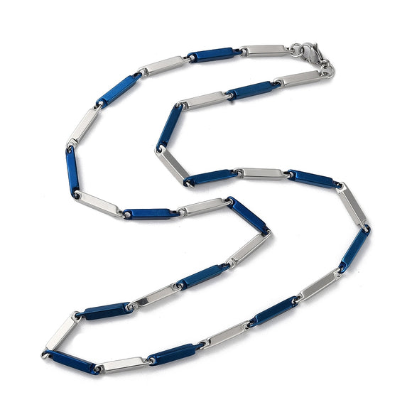 Blue and Stainless Steel Bar Link Chain Necklace - Plated Stainless - 20