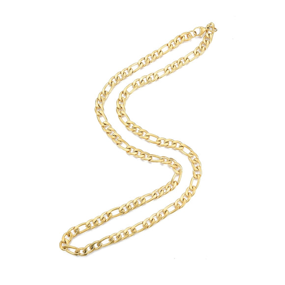 heavy golden Figaro chain necklace with lobster claw clasp on white background.