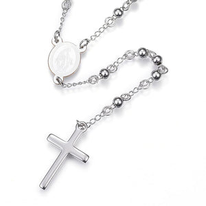 stainless steel beaded Rosary with front of miraculous medal and cross on white background. 