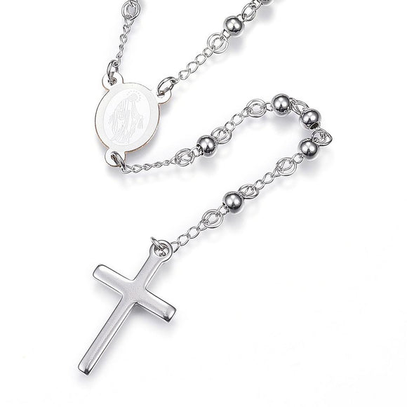 stainless steel beaded Rosary with front of miraculous medal and cross on white background. 