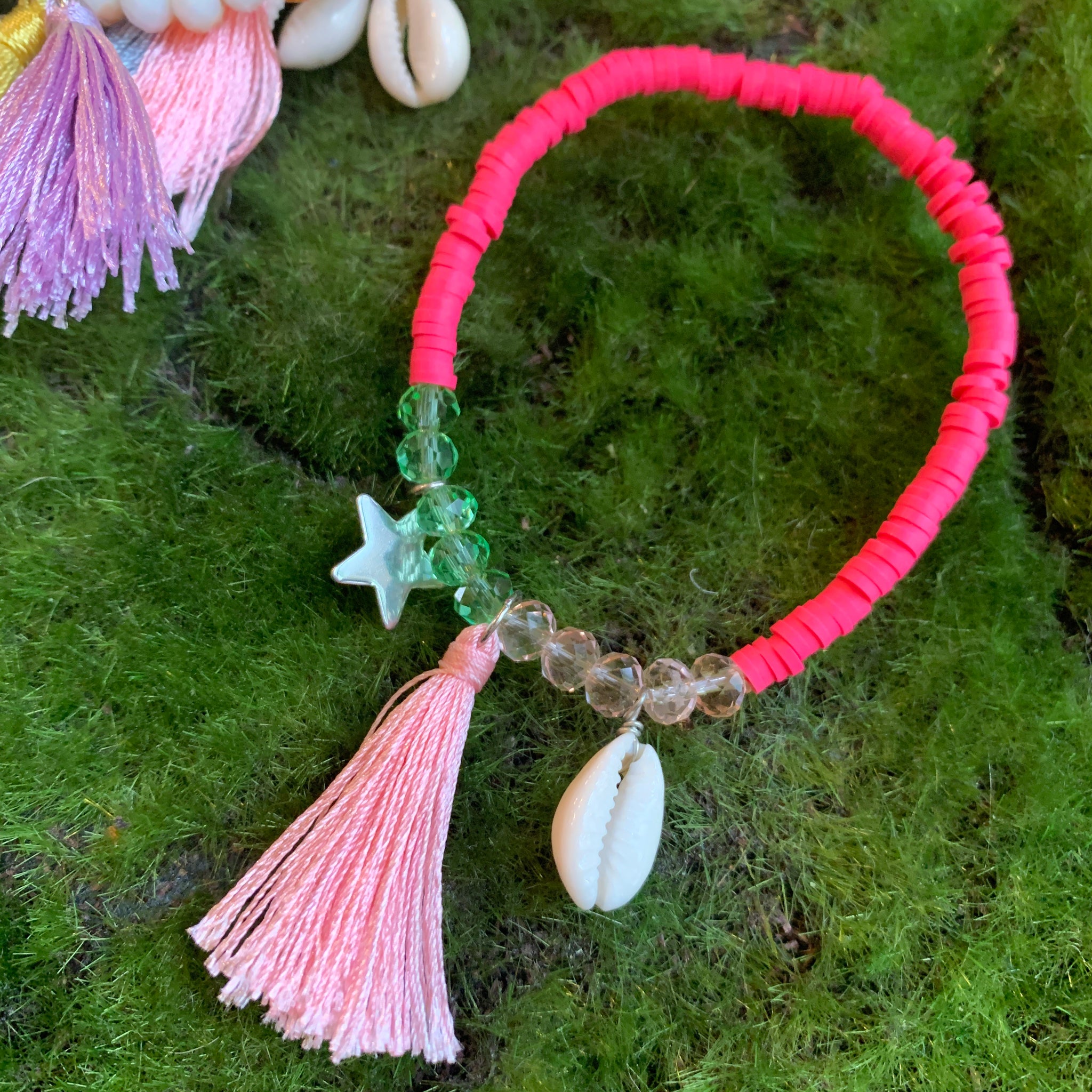 Rubber Disk Stretchy Bracelets Bright Pink with Tassel